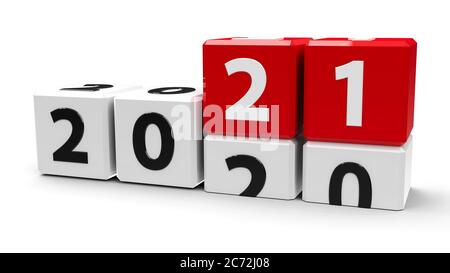 Cubes blancs avec 2020-2021 changements sur une table blanche représente la nouvelle année 2021, rendu tridimensionnel, illustration 3D Banque D'Images