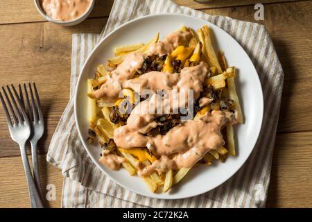 Frites maison au fromage d'animaux frits avec oignons et vinaigrette Banque D'Images