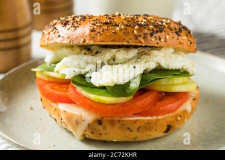 Sandwich Bagel blanc d'oeuf maison avec tomates et concombres Banque D'Images