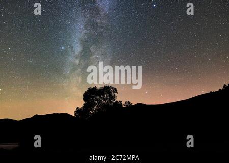 Une silhouette d'arbre et de coquillages sur Ullswater avec la voie laiteuse qui s'élève dans le ciel Banque D'Images