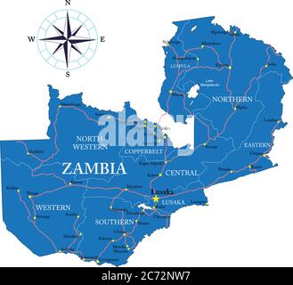 Carte vectorielle très détaillée de la Zambie avec régions administratives, principales villes et routes. Illustration de Vecteur