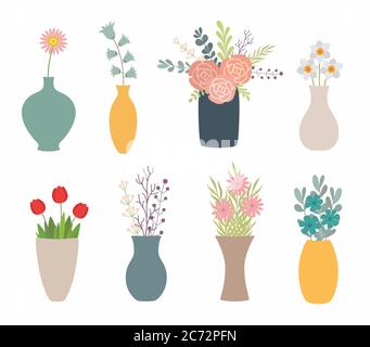 Ensemble de fleurs dans des vases sur blanc Illustration de Vecteur