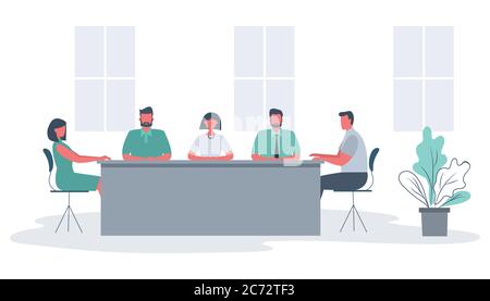 Employés de bureau pendant la réunion. Les employés sont assis à la table sur un fond de fenêtre. Il y a aussi une fleur dans l'image. Salle de conférence Illustration de Vecteur