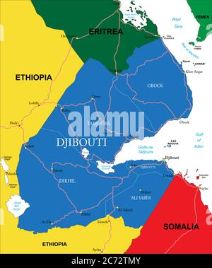 Carte vectorielle très détaillée de Djibouti avec régions administratives, principales villes et routes. Illustration de Vecteur