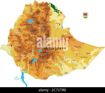 Carte physique très détaillée de l'Éthiopie, en format vectoriel, avec toutes les formes de secours, les régions et les grandes villes. Illustration de Vecteur
