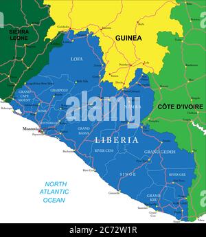 Carte vectorielle très détaillée du Libéria avec régions administratives, principales villes et routes. Illustration de Vecteur
