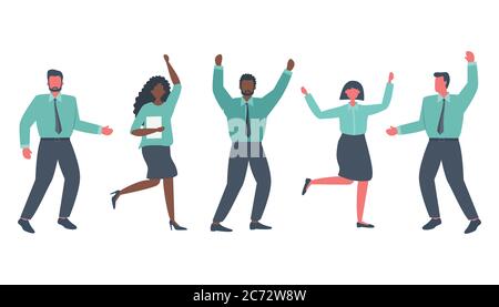 Les employés de bureau célèbrent la victoire. Des employés heureux dansent et sautent. Groupe international de gens d'affaires. Style plat et original. Vecteur Illustration de Vecteur