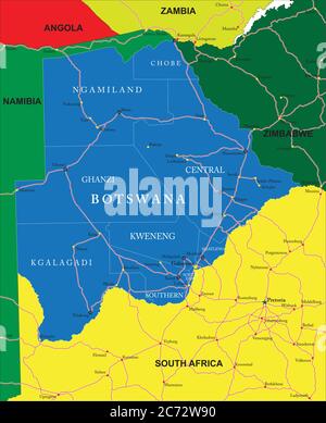 Carte vectorielle très détaillée du Botswana avec régions administratives, principales villes et routes. Illustration de Vecteur