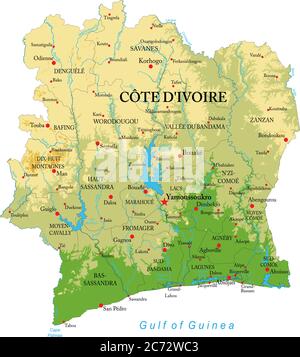 Carte physique très détaillée de la Côte d'Ivoire, en format vectoriel, avec toutes les formes de secours, les régions et les grandes villes. Illustration de Vecteur