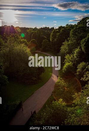 NEWCASTLE, ROYAUME-UNI. 13 juillet 2020. Le soleil se couche sur Jesmond Dean, vu depuis le pont Armstrong à Newcastle, en Angleterre. Photo de Matthew Lofthouse Banque D'Images