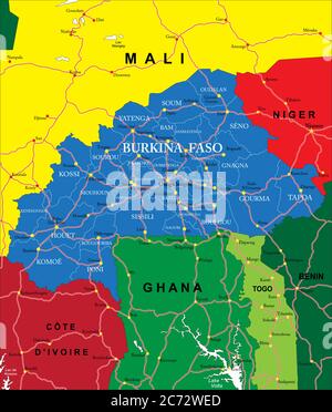 Carte vectorielle très détaillée du Burkina Faso avec régions administratives, principales villes et routes. Illustration de Vecteur