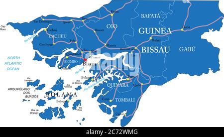 Carte vectorielle très détaillée de la Guinée-Bissau avec régions administratives, principales villes et routes. Illustration de Vecteur