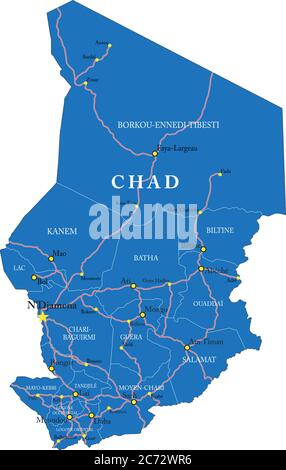 Carte vectorielle très détaillée du Tchad avec régions administratives, principales villes et routes. Illustration de Vecteur