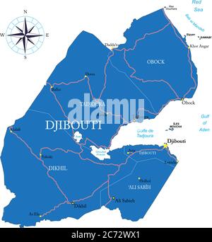 Carte vectorielle très détaillée de Djibouti avec régions administratives, principales villes et routes. Illustration de Vecteur