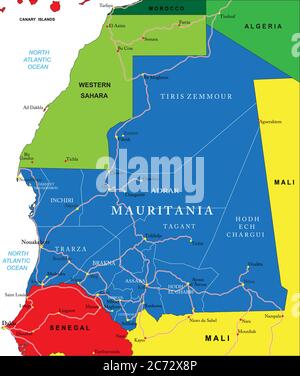 Carte vectorielle très détaillée de la Mauritanie avec régions administratives, principales villes et routes. Illustration de Vecteur