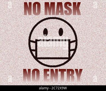 Émoticone portant un masque avec texte « No Mask », « No Entry », concept pour coronavirus, protection COVID-19, sécurité publique, pandémie, EPI Banque D'Images