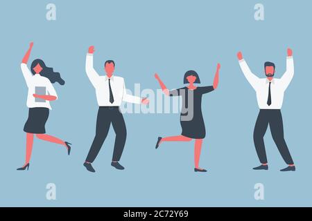 Les employés de bureau heureux célèbrent la victoire. Les employés dansent et sautent. Icônes des professionnels. Illustration vectorielle Illustration de Vecteur