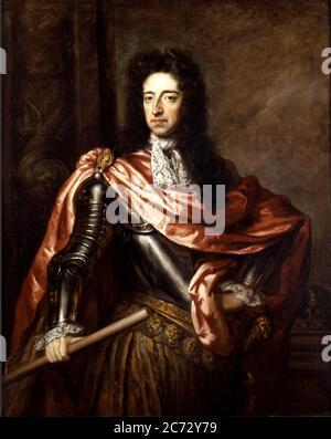William III (William Henry, Willem Hendrik (1650 – 1702), connu sous le nom de William of Orange, fut prince souverain d'Orange de naissance, Stadtholder de Hollande, de Zélande, d'Utrecht, de Guelders et d'Overijssel en République néerlandaise des années 1670 et Roi d'Angleterre, d'Irlande et d'Écosse de 1689 jusqu'à sa mort. Portrait de Sir Godfrey Kneller Banque D'Images