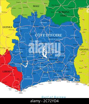 Carte vectorielle très détaillée de la Côte d'Ivoire avec régions administratives, principales villes et routes. Illustration de Vecteur