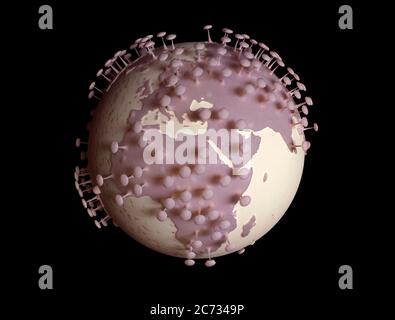 La planète Terre se transforme en virus sur fond noir isolé. Illustration 3d pour le virus corona ou COVID-19 attaque le monde. Banque D'Images