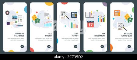 Ensemble d'icônes de conception plate de concept pour les finances, la fiscalité, l'investissement, les bénéfices, les pertes, l'analyse. UX, kit de modèles vectoriels d'interface utilisateur pour la conception Web, les applications, mobi Illustration de Vecteur