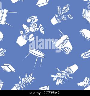 Motif fluide style de vie vintage style de vie vectoriel. Joli motif monochrome ajouré style doodle. Carte de vœux, dessin main, style dessin animé confortable. Forme moderne sur fond bleu éléments vectoriels isolés. Illustration de Vecteur