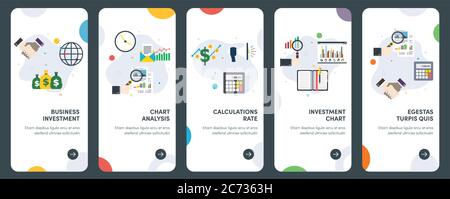 Ensemble d'icônes de conception plate de concept pour l'investissement, l'analyse, les calculs, le taux, le graphique. UX, kit de modèle de vecteur d'interface utilisateur pour la conception Web, les applications, les mobiles Illustration de Vecteur