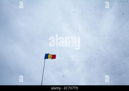 Drapeau de la Roumanie, également appelé Drapelul Romaniei, se déportant sur un mât de Bucarest, devant un ciel gris nuageux avec des oiseaux noirs volant. C'est le na Banque D'Images