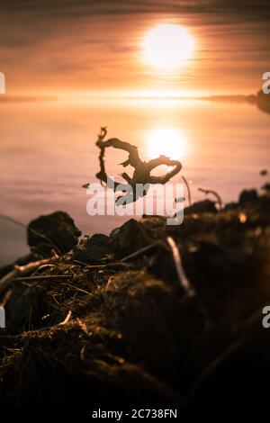 Photo rêveuse du soleil sur la rivière avec des billes en premier plan. Banque D'Images