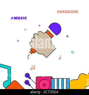 Chanteur, karaoké, main avec microphone icône vectorielle pleine ligne, illustration simple, bordure inférieure. Illustration de Vecteur