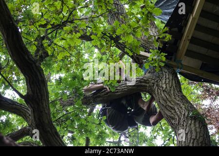 Denham, Royaume-Uni. 13 juillet 2020. Un activiste de la rébellion HS2 monte jusqu'à une maison d'arbres au camp de protection Denham. Le camp a été créé par les activistes afin d'essayer d'empêcher la destruction des bois pour la liaison ferroviaire à grande vitesse HS2 de 106 milliards de livres sterling, qui restera un contributeur net aux émissions de CO2 pendant sa durée de vie prévue de 120 ans. Crédit : Mark Kerrison/Alamy Live News Banque D'Images