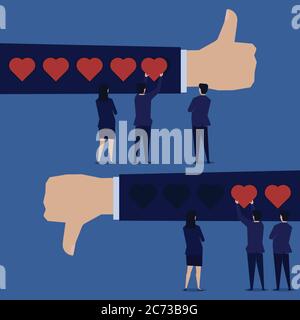 L'équipe d'hommes d'affaires donne l'amour à portée de main comme pour les commentaires bonne et mauvaise note. Illustration de Vecteur