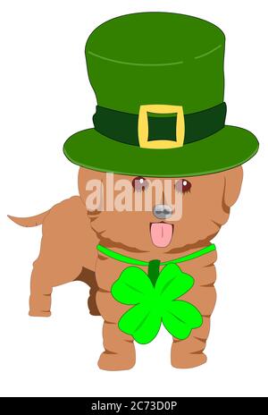 Illustration JPEG d'un chien de la Saint Patrick avec un chapeau vert et un shamrock. Isolé. Banque D'Images