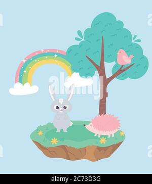 joli petit lapin et oiseau hérisson dans arbre et dessin animé d'animal arc-en-ciel dessin vectoriel illustration Illustration de Vecteur