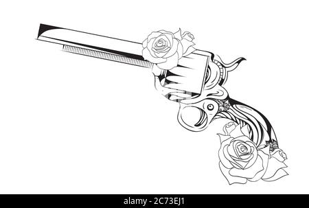 Illustration vectorielle vintage de revolver avec roses. Vecteur vintage élément pour le motif tatouage imprimé sur un T-shirt, cartes postales et votre créativité Illustration de Vecteur