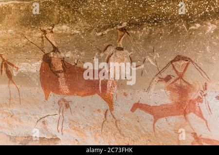 Drakensberg, site d'art rupestre « Battle Cave », peintures rupestres de Bush, réserve de jeux de Giants Castle, Uthukela, KwaZulu-Natal, Afrique du Sud, Afrique Banque D'Images