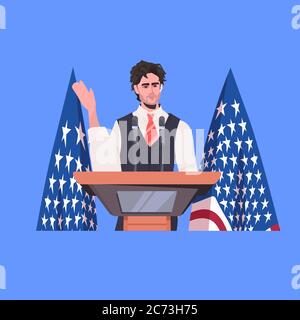 homme politique faisant un discours de tribune avec drapeau usa 4 juillet l'indépendance américaine jour célébration concept portrait illustration vectorielle Illustration de Vecteur