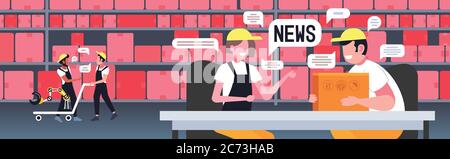 les employés d'entrepôt discutant pendant la réunion discutant des actualités quotidiennes chat bulle de communication concept moderne storehouse intérieur portrait horizontal illustration vectorielle Illustration de Vecteur