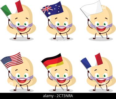 Le personnage de dessin animé de chapeau d'été apporte les drapeaux de divers pays Illustration de Vecteur