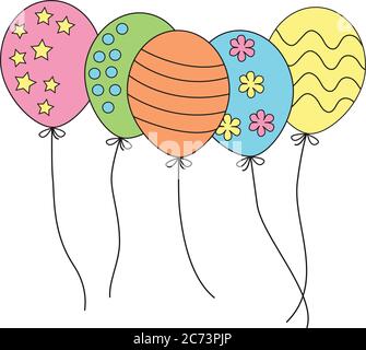 Cinq adorables ballons de fête dans des couleurs variées, décorés d'étoiles, de fleurs, de points et de rayures. Illustration vectorielle EPS10, dessin animé pour enfants Illustration de Vecteur