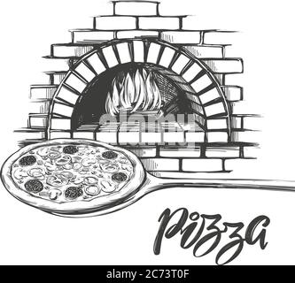 Pizza italienne, processus de cuisson de pizza, cuisson au feu, logo, dessin à la main illustration vectorielle croquis réaliste. Illustration de Vecteur