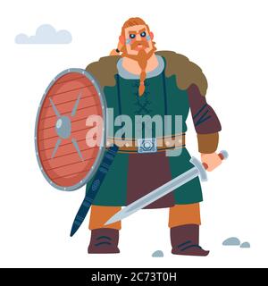 Viking avec bouclier et épée. Illustration vectorielle plate. Illustration de Vecteur