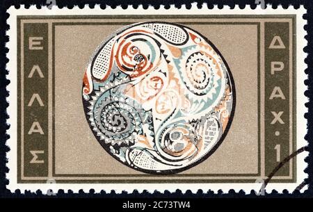 GRÈCE - VERS 1961: Un timbre imprimé en Grèce de l'édition de 'l'art inoen' montre des fruits de plat, vers 1961. Banque D'Images