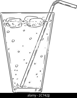 Dessin de dessin de dessin de dessin animé vectoriel de limonade froide, cocktail ou boisson avec de la paille et de la glace. Illustration de Vecteur