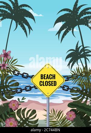 Plage fermé chaîne de signalisation. L'entrée sur la plage est fermée. Palmiers et plantes en été. Illustration vectorielle de dessin animé. Vacances d'été sur la mer Illustration de Vecteur