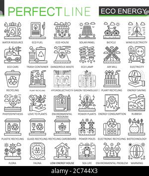 Symboles de concept mini du contour de l'énergie écologique. Jeu d'illustrations de style linéaire à trait moderne, technologie verte renouvelable. Icônes de lignes fines parfaites Illustration de Vecteur