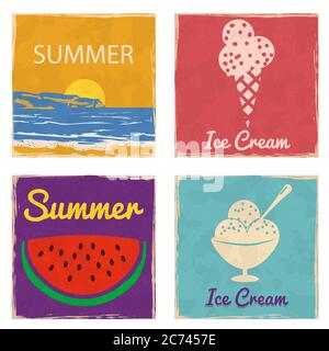 Affiche cartes vintage de Sunset Seaside Ice Cream Cone Cup Watermelon Slice. Carte rétro texturée effet grunge avec texte été. Illustration vectorielle Illustration de Vecteur