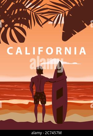 Surfeur debout avec planche de surf sur la plage tropicale vue arrière. California Surfing Palms thème océan rétro vintage. Illustration vectorielle isolée Illustration de Vecteur