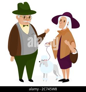 Vieux couple de galets avec un chien caniche. Heureux grands-parents isolés ensemble. Grand-père et grand-mère. Couple âgé. Illustration vectorielle de dessin animé Illustration de Vecteur