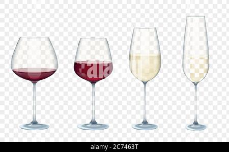 Placez des verres à vin vectoriels transparents avec du vin blanc et rouge sur le fond transparent alpha. Illustration vectorielle Illustration de Vecteur